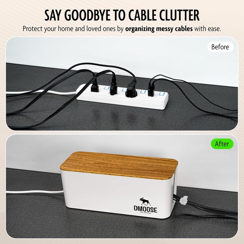 DMoose  Cable Management Box - 2 Pack Medium & Large Cord Organizer for Desk & Floor, Cable Organizer Box for Child & Pet - Cable Box Hider for Tidy Office & Home (Wood Print Lid, White Box, Pack of 2) - Image 3